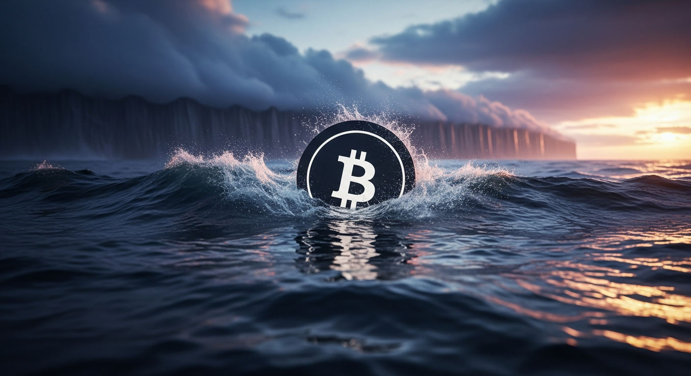 Ícone digital minimalista em ondas escuras e turbulentas, com barreira e pôr do sol dramático.