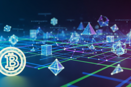 Rede digital futurista complexa com linhas brilhantes e formas geométricas, simbolizando finanças digitais.