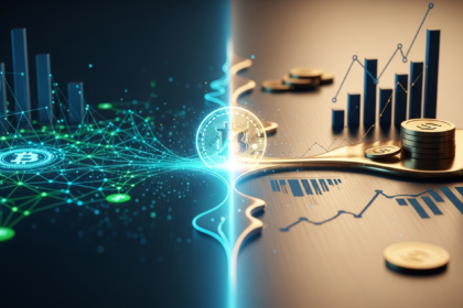 Imagem abstrata moderna mesclando temas visuais distintos, representando criptomoeda e sistemas bancários tradicionais.