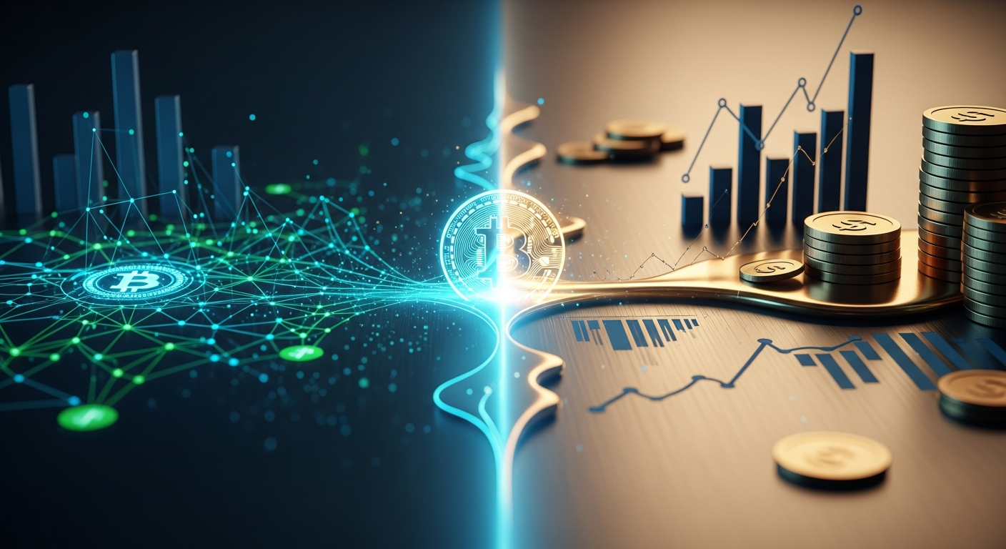 Imagem abstrata moderna mesclando temas visuais distintos, representando criptomoeda e sistemas bancários tradicionais.