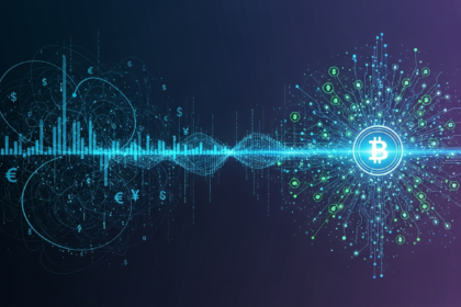Arte digital abstrata mostrando dois reinos: economia global e interação do mercado de criptomoedas.
