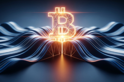 Modern abstract imagem de uma estrutura digital geométrica robusta e brilhante, irradiando luz.