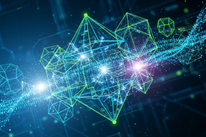Imagem abstrata e futurista de finanças digitais seguras, com estruturas geométricas brilhantes e fluxos de dados.