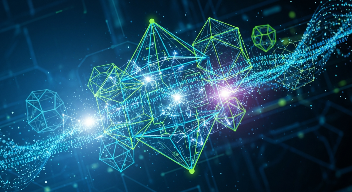 Imagem abstrata e futurista de finanças digitais seguras, com estruturas geométricas brilhantes e fluxos de dados.