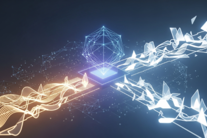 Arte digital abstrata moderna: estrutura geométrica complexa e brilhante, simbolizando Ethereum em uma encruzilhada.