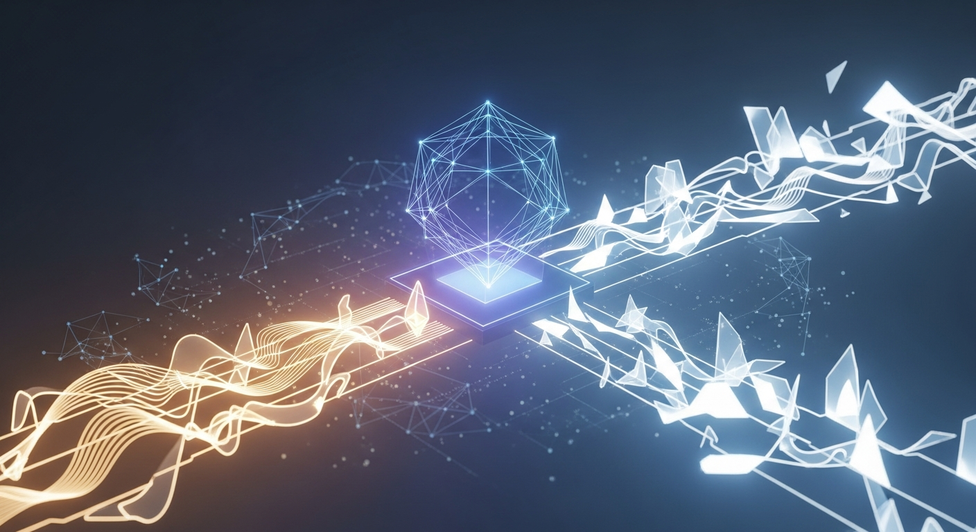 Arte digital abstrata moderna: estrutura geométrica complexa e brilhante, simbolizando Ethereum em uma encruzilhada.