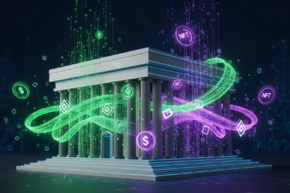 Modern digital art depicting a financial building abstractly integrating with digital assets.