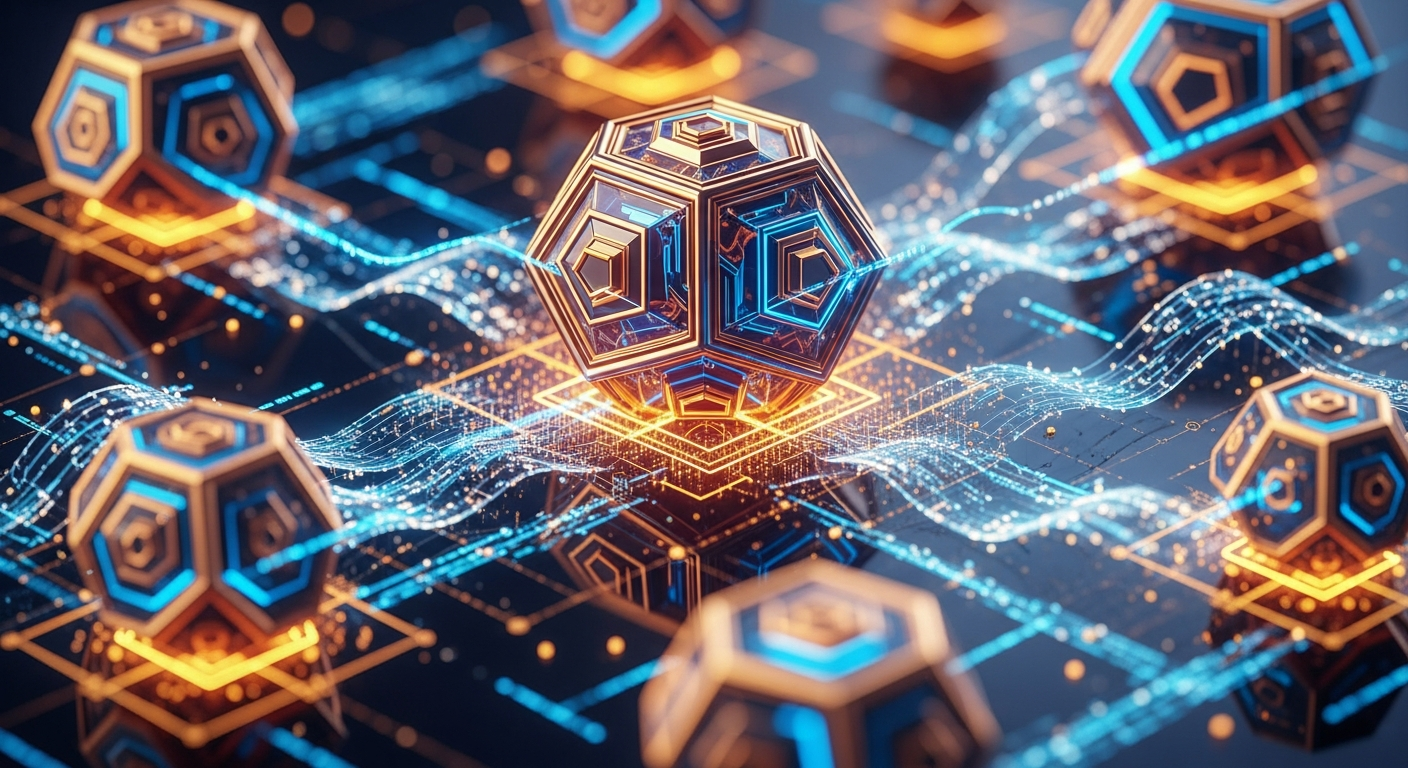 Ilustração digital abstrata de ativos de criptomoeda interconectados, com padrões geométricos brilhantes e fluxos de dados.