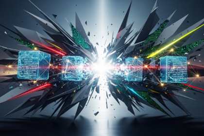 Arte abstrata dinâmica: planos geométricos fraturados e blocos digitais simbolizam batalha legal em finanças.