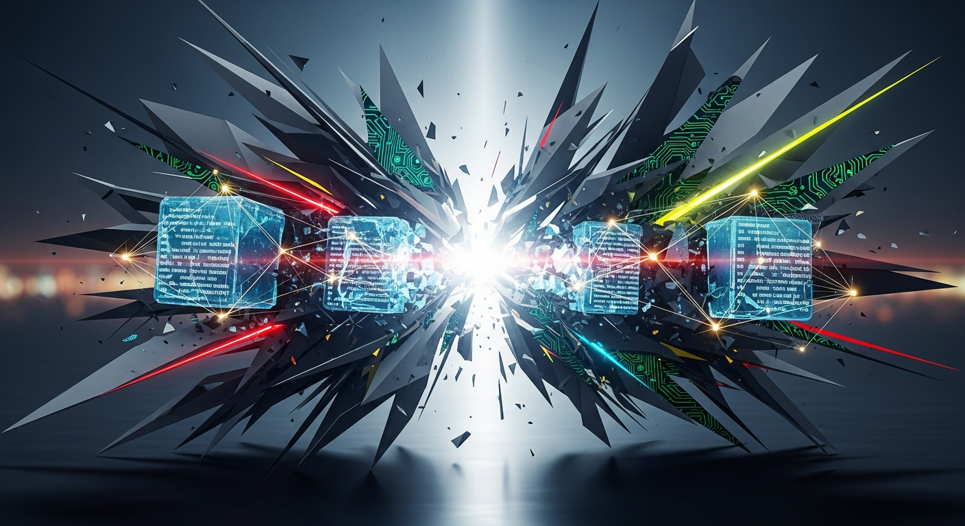 Arte abstrata dinâmica: planos geométricos fraturados e blocos digitais simbolizam batalha legal em finanças.