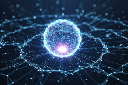 Esfera digital abstrata brilhante pulsando em rede etérea de linhas e nós de dados.