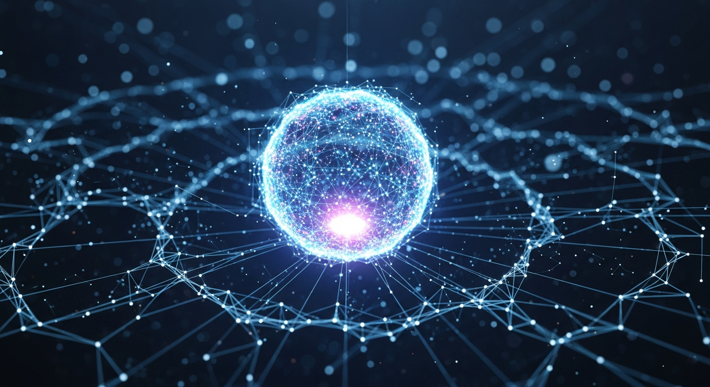 Esfera digital abstrata brilhante pulsando em rede etérea de linhas e nós de dados.