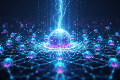 Arte digital futurista detalhada de rede blockchain abstrata, pulsando energia azul e roxa.