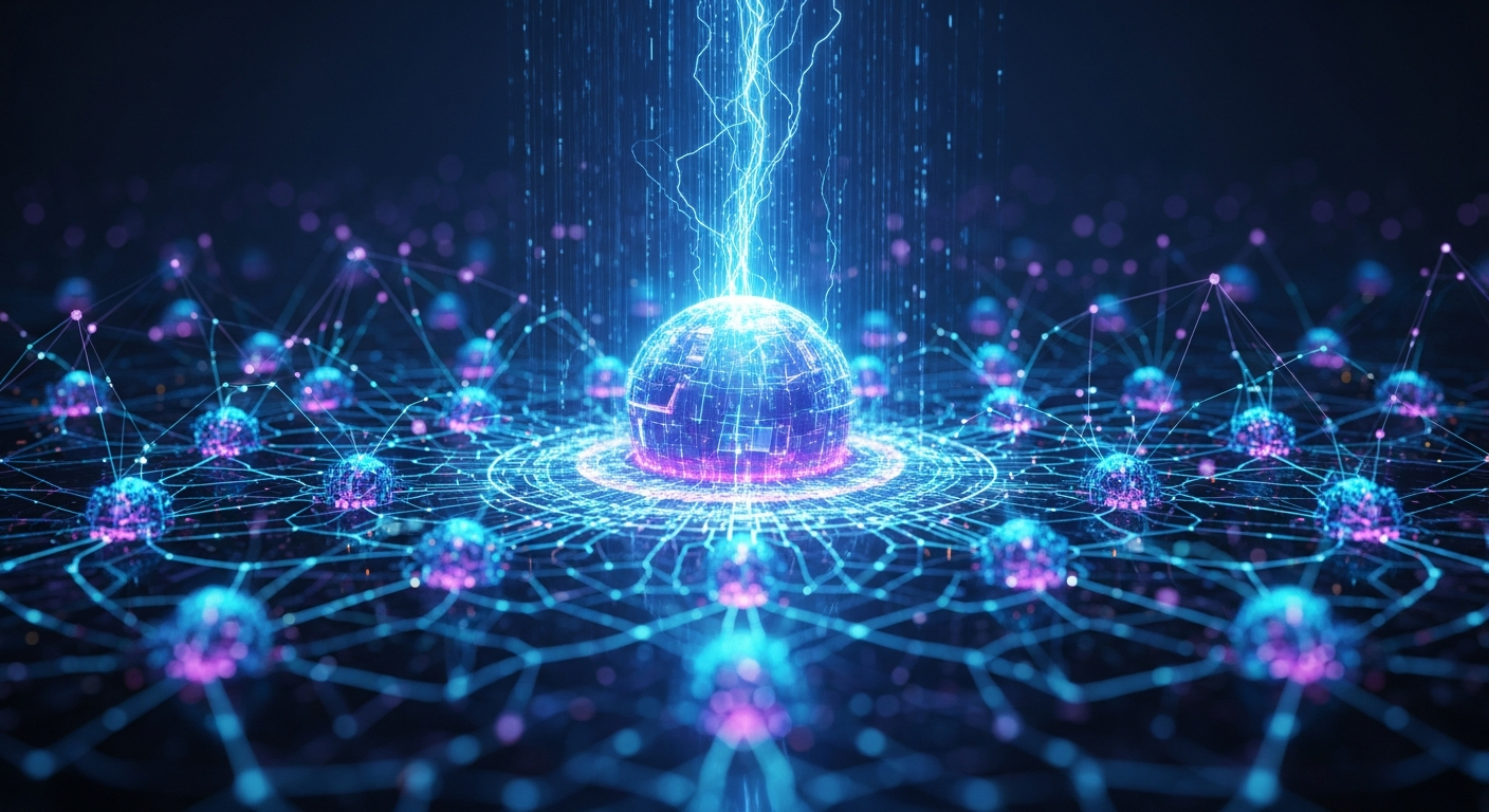 Arte digital futurista detalhada de rede blockchain abstrata, pulsando energia azul e roxa.