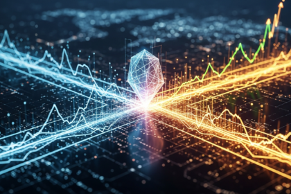 Entidade digital geométrica em encruzilhada, com caminhos de dados divergentes: um sombrio, outro otimista.