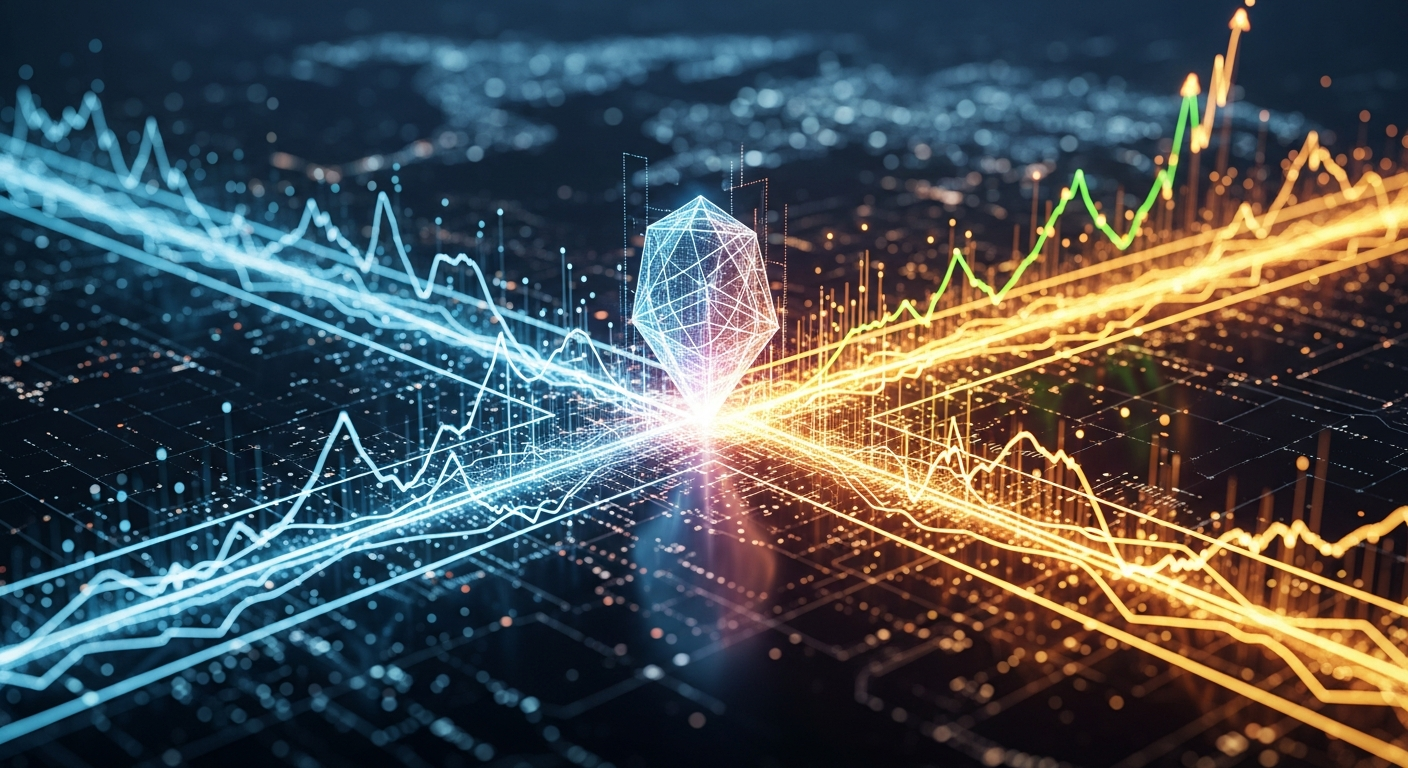 Entidade digital geométrica em encruzilhada, com caminhos de dados divergentes: um sombrio, outro otimista.