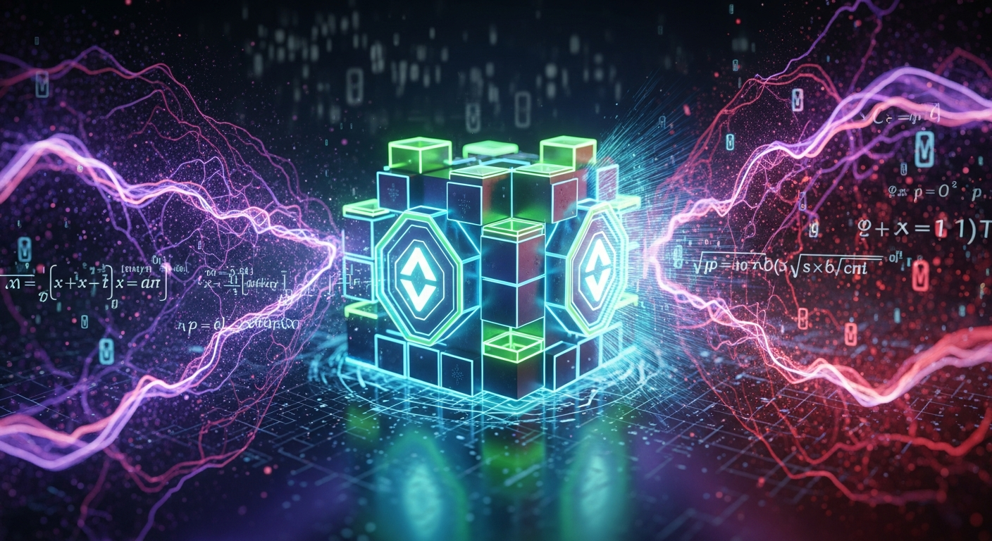 Uma rede blockchain futurista de blocos luminosos e interconectados confronta uma ameaça quântica.