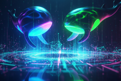 Luminous, fluid abstract forms resembling deep-sea giants, symbolizing crypto whales influencing digital markets.