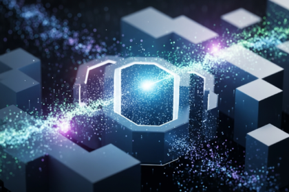 Fluxos de dados digitais luminosos em interação dinâmica com formas abstratas e sólidas.