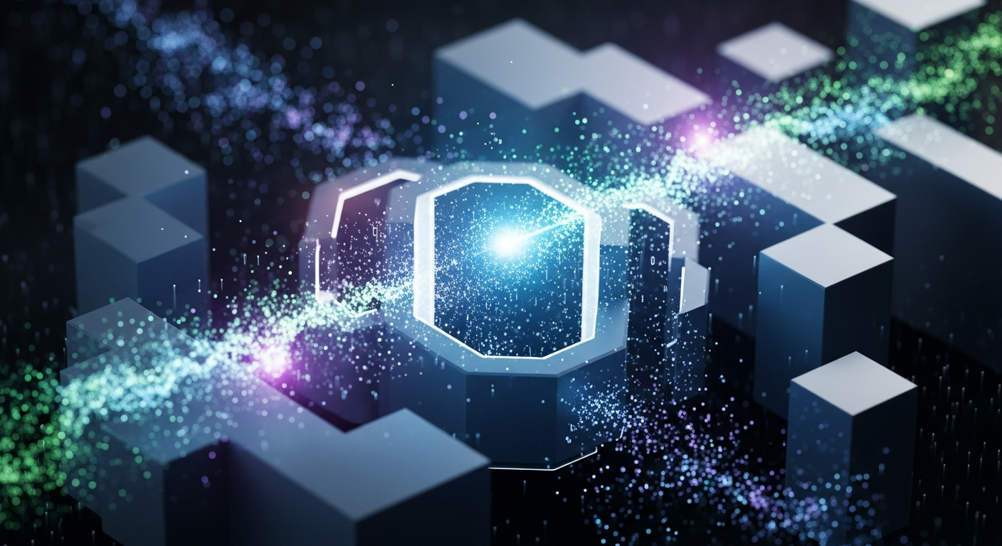 Fluxos de dados digitais luminosos em interação dinâmica com formas abstratas e sólidas.