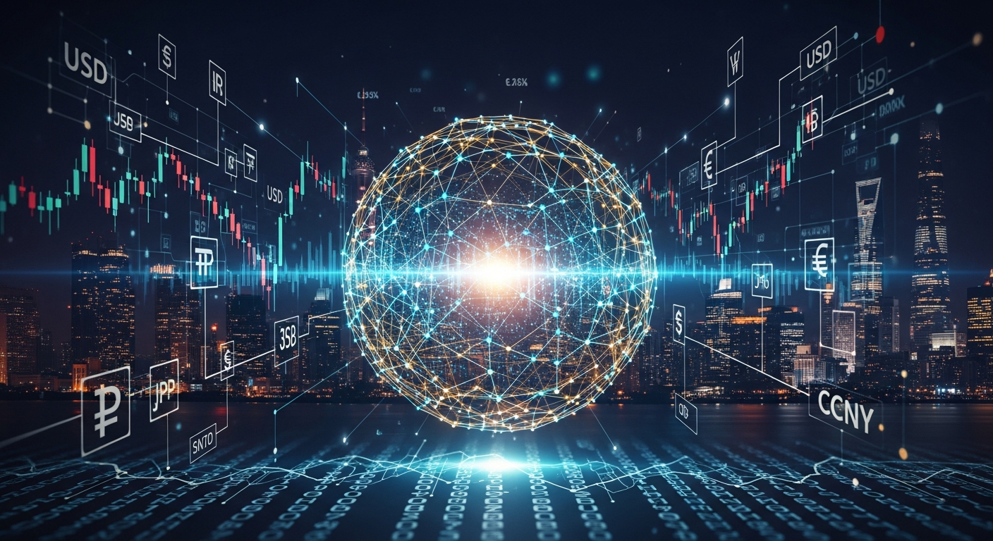 Esfera de dados brilhante central, representando finanças globais e tecnologia blockchain.