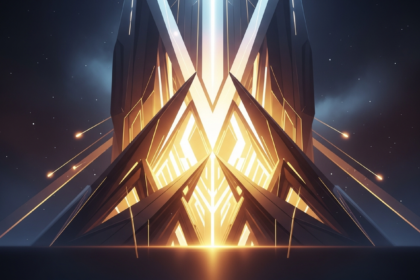 Arte digital abstrata moderna, estrutura arquitetônica geométrica futurista com luz interna dourada e branca.