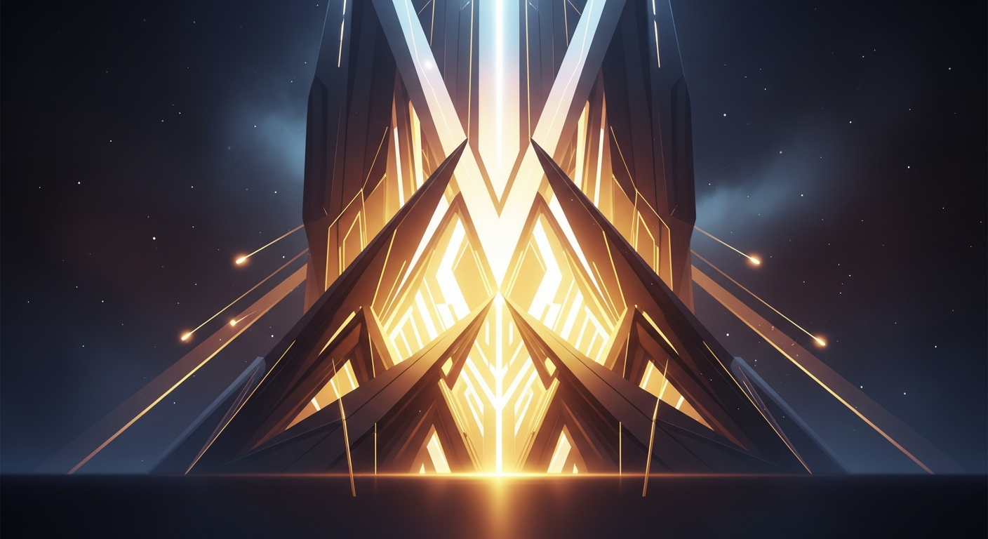 Arte digital abstrata moderna, estrutura arquitetônica geométrica futurista com luz interna dourada e branca.