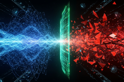 Abstract, futurista, com ondas etéreas de padrões quânticos brilhantes em tons de azul e roxo.