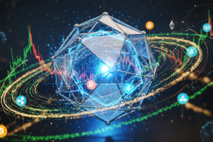 Imagem abstrata moderna: estrutura geométrica multifacetada e brilhante, representando o mercado cripto em evolução.