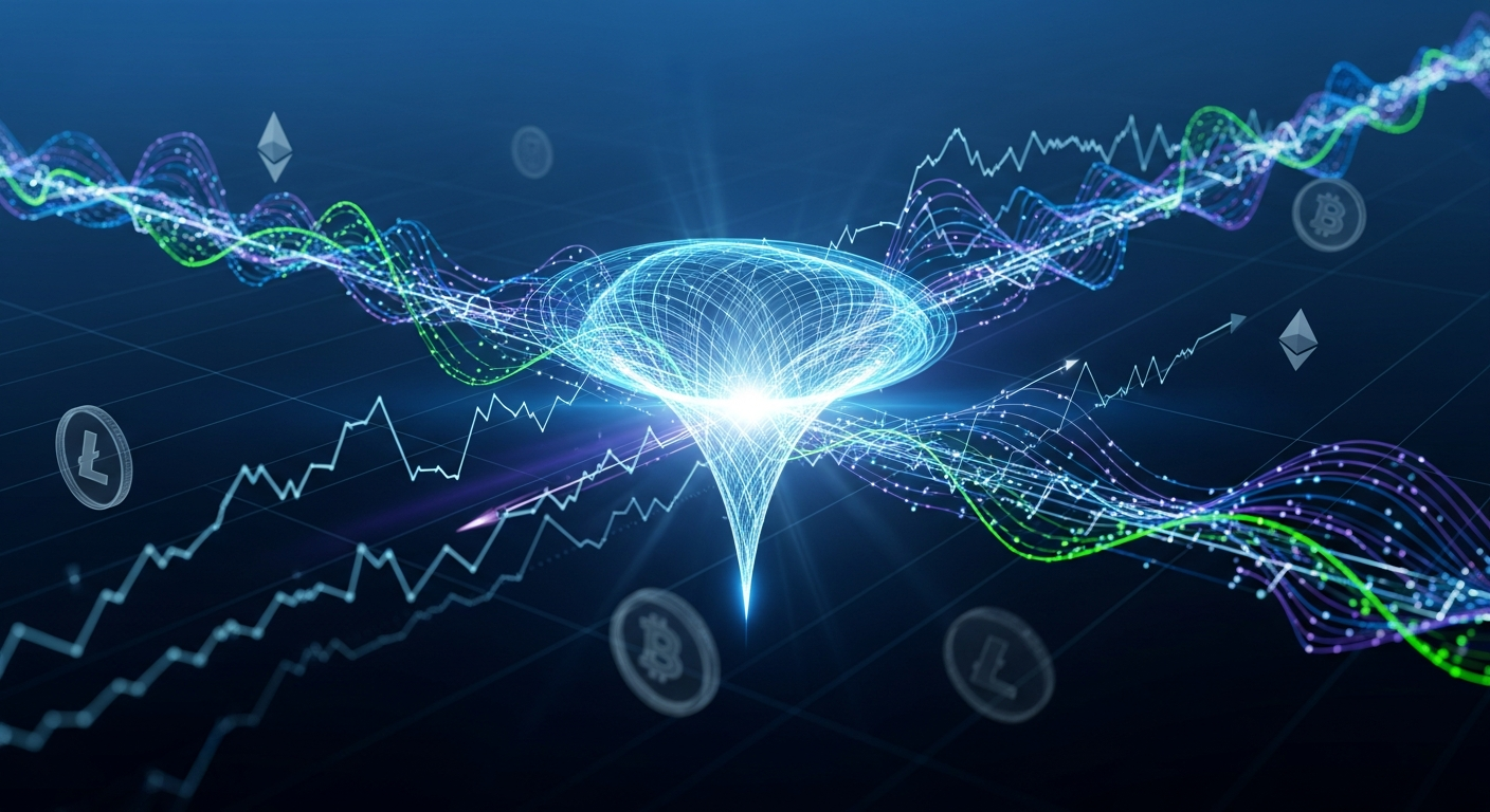 Arte abstrata moderna: ponto de inflexão brilhante em fluxos de análise de dados de criptomoedas.