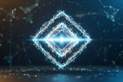 Representação abstrata, brilhante e geométrica de um ativo digital, semelhante a criptomoeda.