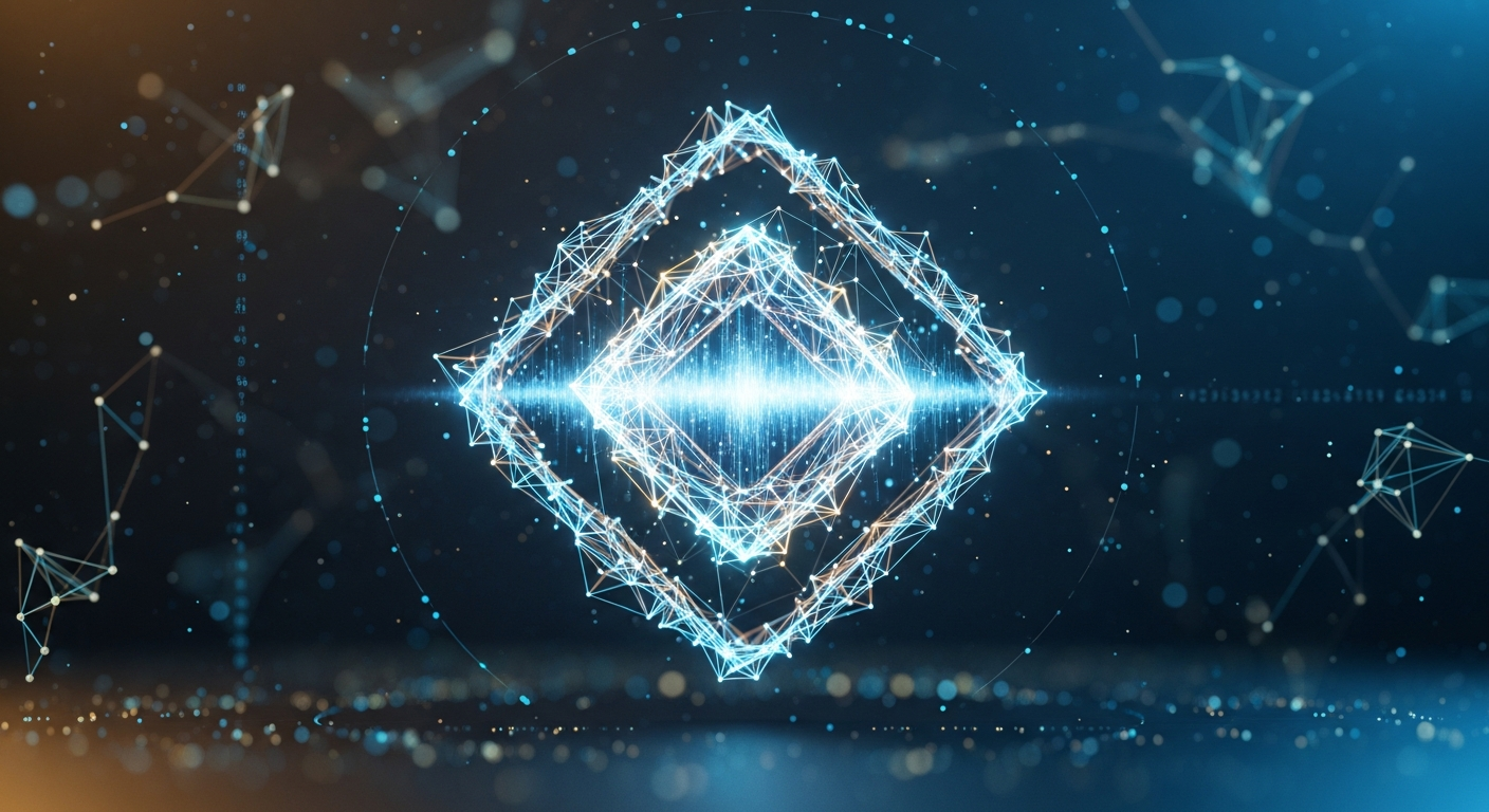 Representação abstrata, brilhante e geométrica de um ativo digital, semelhante a criptomoeda.