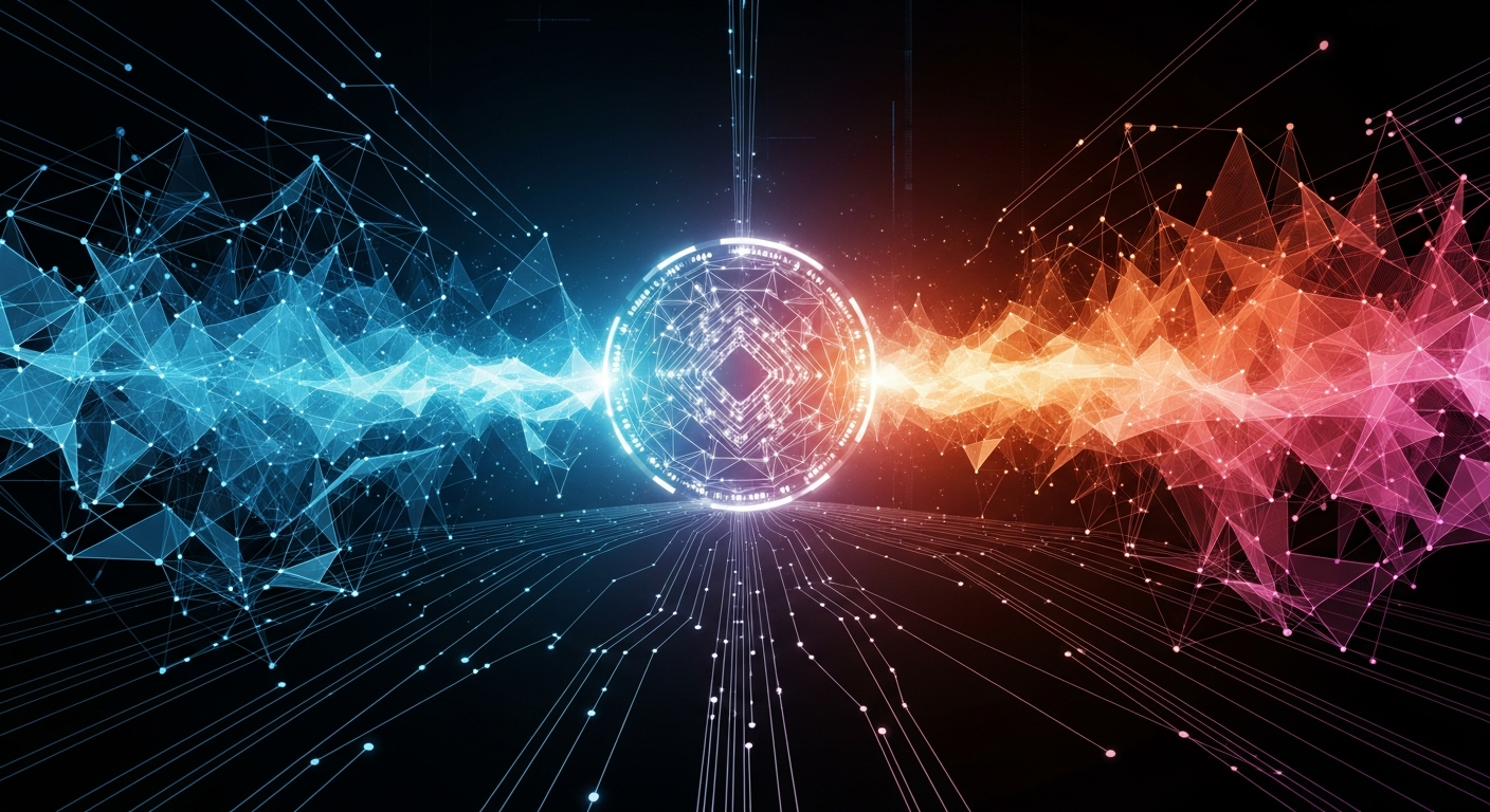 Arte digital moderna: nó de dados geométrico abstrato, brilhante ou moeda digital estilizada.