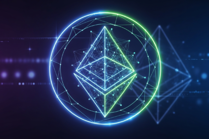 Ilustração digital: símbolo abstrato e brilhante de criptomoeda, estilo Bitcoin, com linhas geométricas.