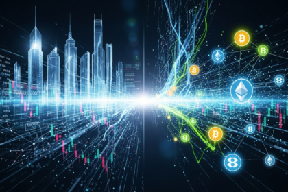 Arte digital moderna: sistemas financeiros avançados e criptomoedas, com um nexo central brilhante.