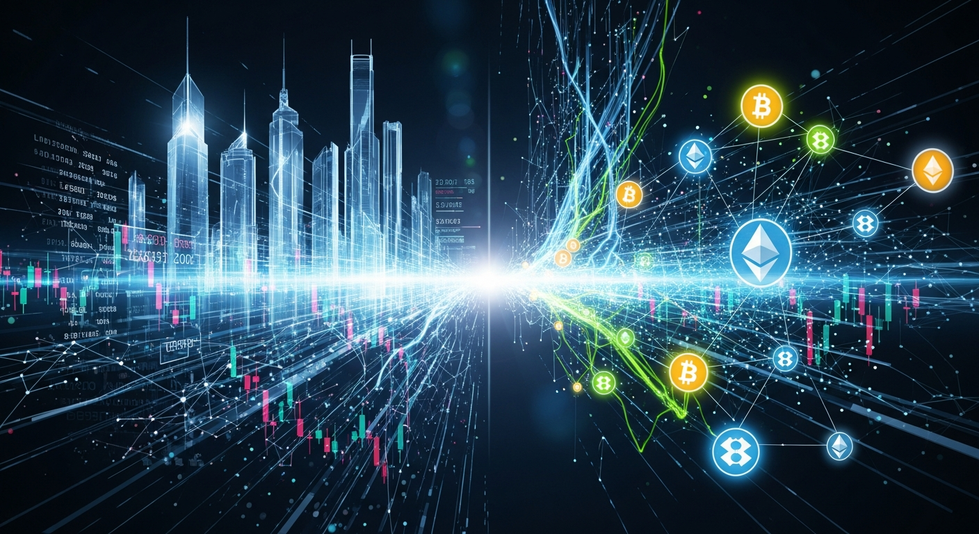 Arte digital moderna: sistemas financeiros avançados e criptomoedas, com um nexo central brilhante.