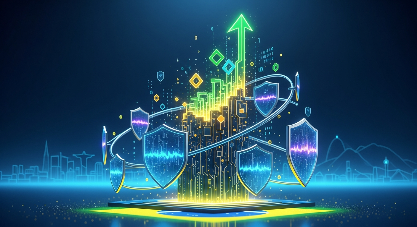 Arte digital: estrutura abstrata ascendente simbolizando crescimento e segurança do mercado cripto brasileiro.