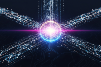 Abstract image: luminous data streams converge at a glowing nexus, symbolizing financial crossroads.