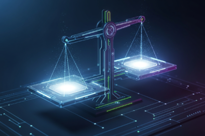 Escalas da justiça abstratas e futuristas como duas plataformas digitais interconectadas e brilhantes.