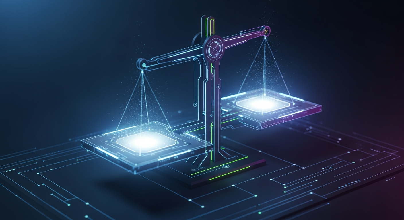 Escalas da justiça abstratas e futuristas como duas plataformas digitais interconectadas e brilhantes.