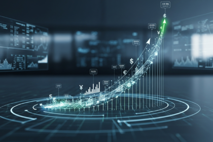 Abstrato moderno de finanças digitais, crescimento exponencial em ambiente de alta tecnologia futurista.