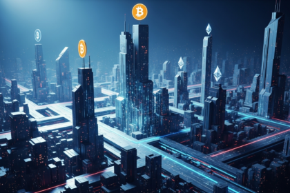 Arte digital abstrata e futurista: cidade geométrica simbolizando a integração da criptomoeda nas finanças globais.