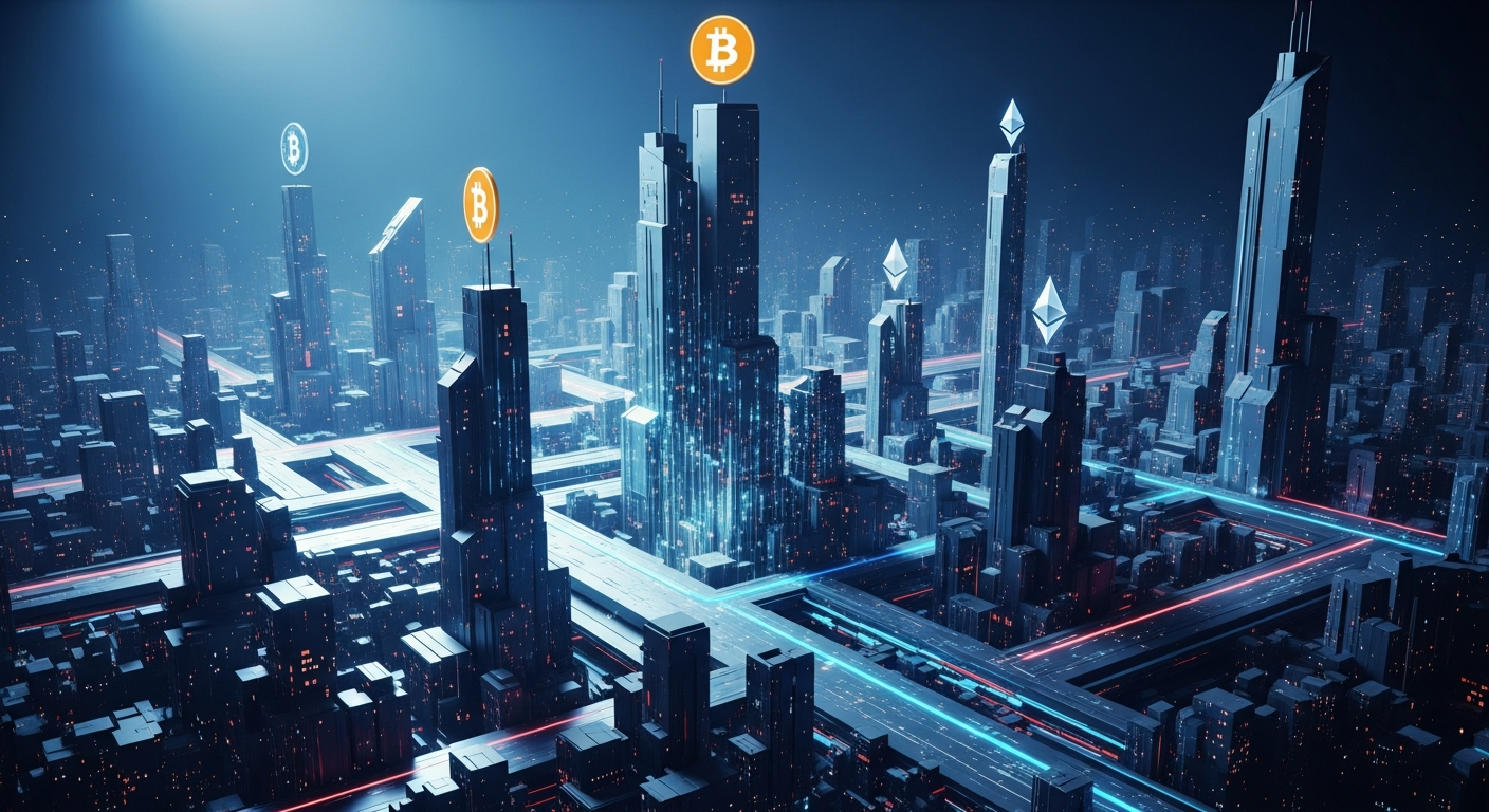 Arte digital abstrata e futurista: cidade geométrica simbolizando a integração da criptomoeda nas finanças globais.