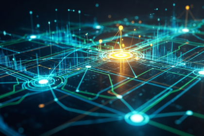 Rede intrincada e brilhante de linhas e nós, simbolizando um ecossistema seguro de criptomoedas.