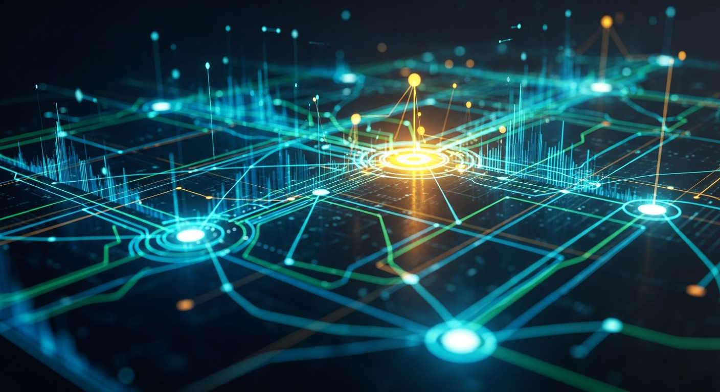 Rede intrincada e brilhante de linhas e nós, simbolizando um ecossistema seguro de criptomoedas.