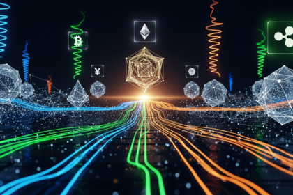 Paisagem digital futurista abstrata: crescimento do mercado de criptomoedas com fluxos de dados e estruturas blockchain.