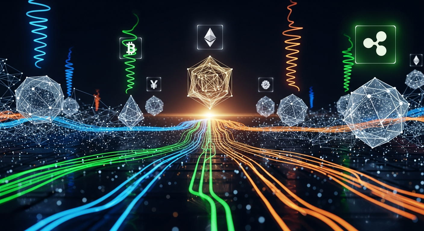 Paisagem digital futurista abstrata: crescimento do mercado de criptomoedas com fluxos de dados e estruturas blockchain.