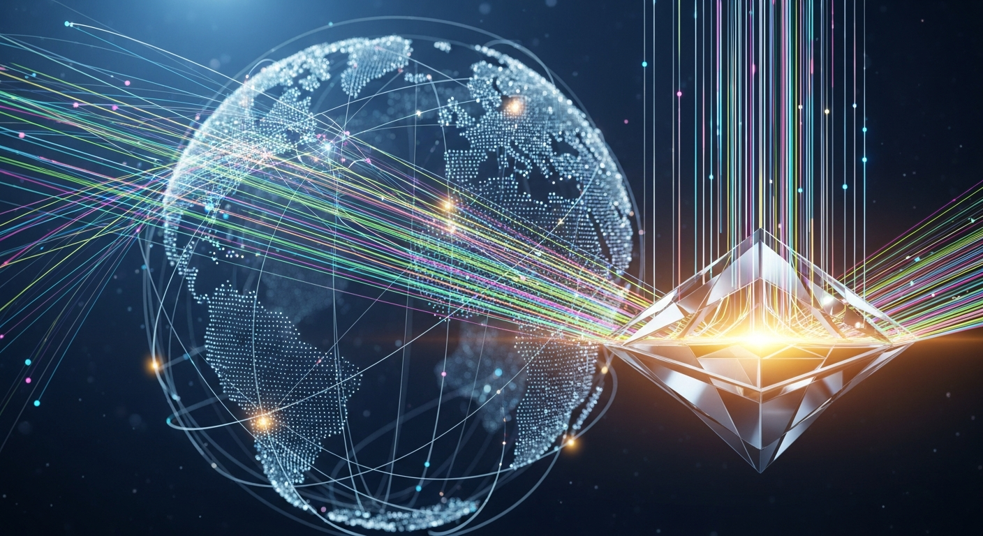 Estrutura geométrica abstrata e brilhante, representando um hub central de plataforma financeira global.