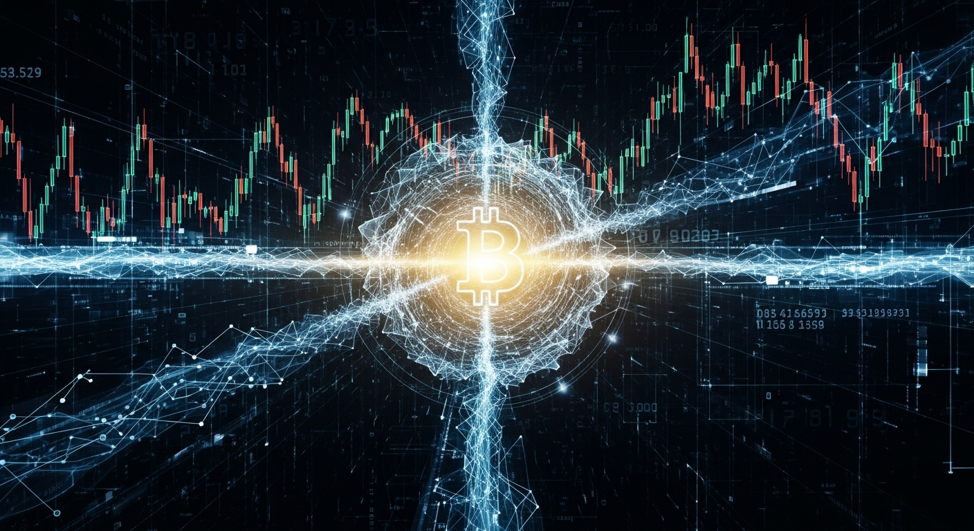 Representação abstrata e brilhante do Bitcoin em encruzilhada digital com dados financeiros holográficos e candlesticks.