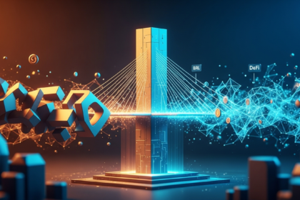 Abstract art: A glowing digital bridge links traditional and decentralized finance, symbolizing stablecoin transformation.